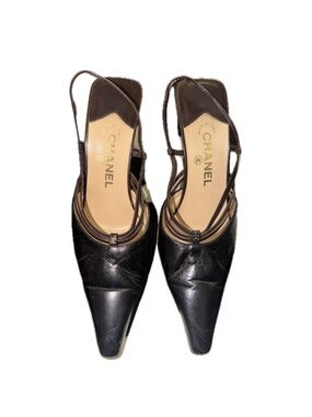 CHANEL Vintage Slingback Pointed Toe Black and Brown Leather Mules, size 39